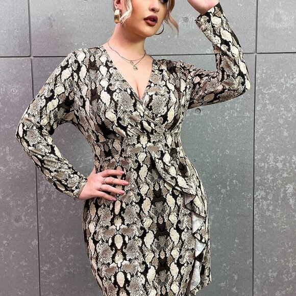 Women's Snake Print Wrap Dress Plus Size V-Neck Mini Bodycon Ruffle Hem - Picture 2 of 6